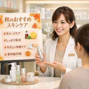 秋のスキンケアを説明するコスメコンシェルジュ